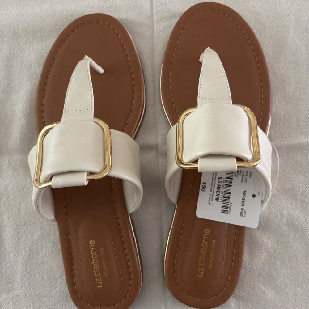 Liz Claiborne “Corra” White Sandals with Gold Accent
